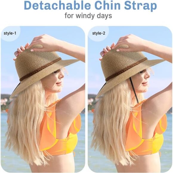 Women's Beach‎ Straw Hat - UPF 50+ UV Protection, Wide Brim, Foldable & Packable - Picture 6 of 7